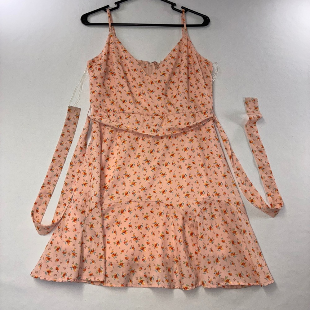 619 Cottagecore Altar'd State Mini Dress M Pink Floral Ruffle Tie Waist